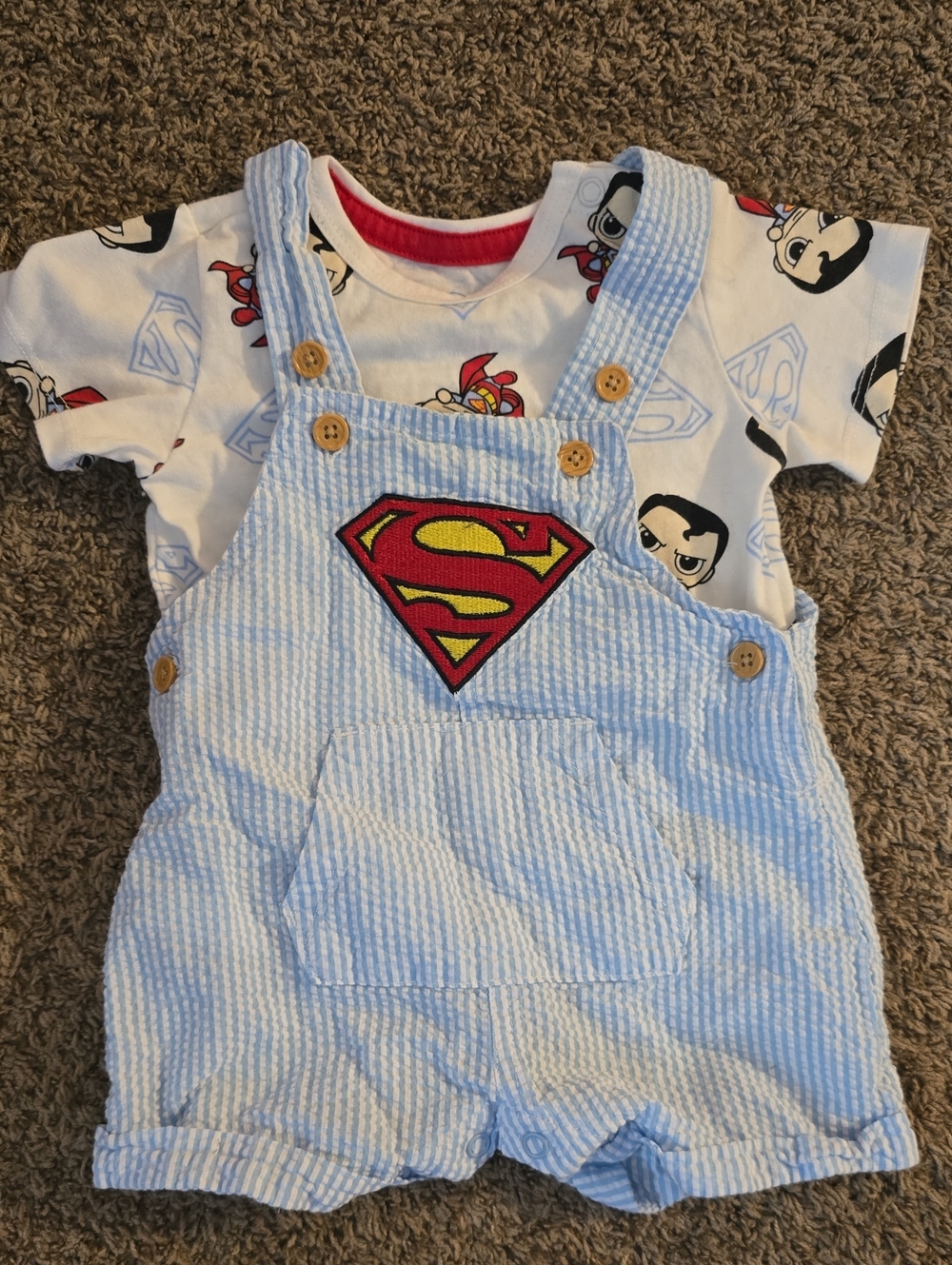 0-3 Superman Outfit Blue Striped Overalls with Logo And Superman TShirt